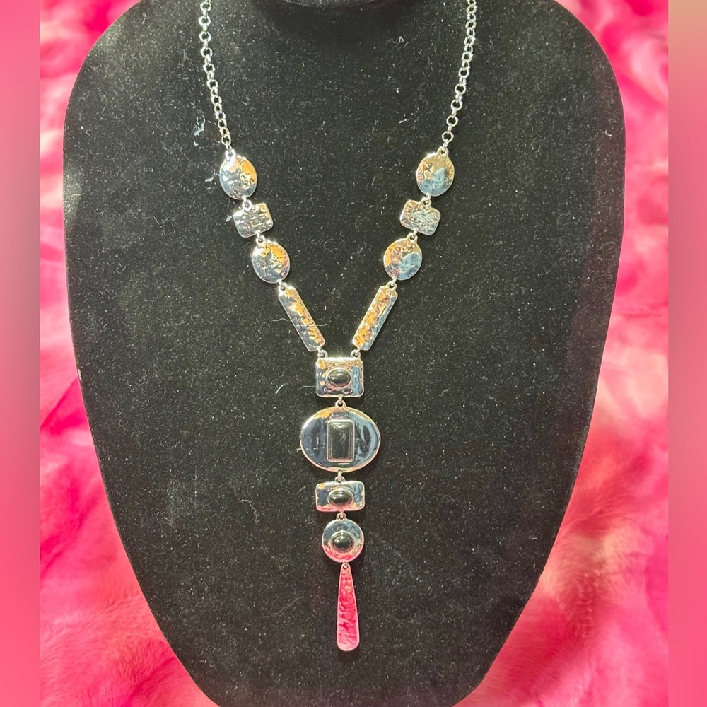Rare Vintage Chico's Hammered Silver and Black Stone Statement Necklace